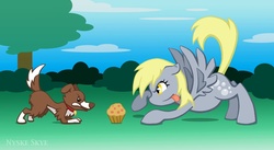 Size: 1024x560 | Tagged: safe, artist:nyskeskye, derpy hooves, winona, pegasus, pony, g4, female, mare, muffin, tongue out