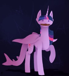 Size: 1081x1198 | Tagged: safe, artist:milchik, twilight sparkle, original species, shark, shark pony, g4, ambiguous gender, nightmare fuel, open mouth, solo, species swap, teeth, twilight sharkle, twilight sparkle (alicorn)