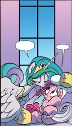 Size: 744x1305 | Tagged: safe, idw, official comic, pinkie pie, princess celestia, g4, spoiler:comic, bedroom eyes, chef's hat, exploitable, eye contact, frown, hat, spread wings, template, wide eyes, worried