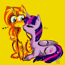 Size: 1280x1280 | Tagged: safe, artist:puffpink, sunset shimmer, twilight sparkle, alicorn, pony, unicorn, g4, :i, blushing, female, heart, lesbian, ship:sunsetsparkle, shipping, sleeping, twilight sparkle (alicorn)