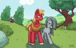 Size: 3820x2394 | Tagged: safe, artist:corsairsedge, big macintosh, cheerilee, marble pie, earth pony, pony, g4, binoculars, blushing, bush, camouflage, high res, jealous, love triangle, male, ship:marblemac, shipping, spying, stalker, stallion, straight, tree