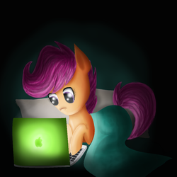 Size: 900x900 | Tagged: safe, artist:chanceyb, scootaloo, pegasus, pony, g4, blanket, computer, female, laptop computer, night, solo