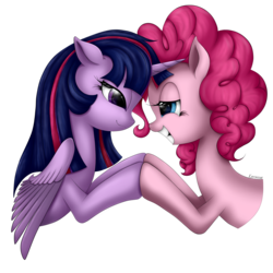 Size: 1900x1900 | Tagged: safe, artist:ketrin0cat, pinkie pie, twilight sparkle, alicorn, pony, g4, female, lesbian, mare, ship:twinkie, shipping, simple background, transparent background, twilight sparkle (alicorn)