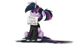Size: 2500x1429 | Tagged: safe, artist:ncmares, twilight sparkle, alicorn, pony, ask majesty incarnate, g4, clothes, female, hoodie, mare, mouth hold, note, ponytail, sad, sign, simple background, sitting, socks, solo, striped socks, twilight sparkle (alicorn), white background