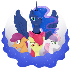 Size: 1000x966 | Tagged: safe, artist:greymirror, apple bloom, princess luna, scootaloo, sweetie belle, g4, cutie mark crusaders