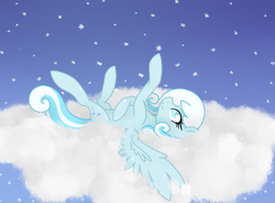 Size: 827x613 | Tagged: safe, artist:greymirror, oc, oc only, oc:snowdrop, cloud, cute, older, older snowdrop, on back, snow, snowfall, snowflake, solo, spread wings