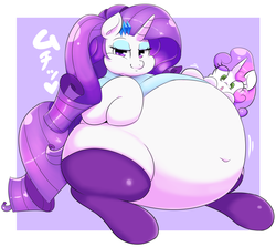 Size: 2485x2214 | Tagged: safe, artist:braffy, rarity, sweetie belle, pony, unicorn, bedroom eyes, belly, belly button, big belly, clothes, eyeshadow, fat, female, filly, leggings, makeup, mare, obese, raritubby, shirt, siblings, sisters, smiling