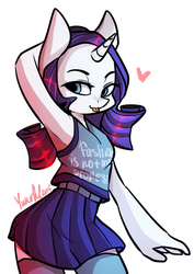 Size: 1529x2160 | Tagged: safe, artist:yukomaussi, rarity, anthro, g4, armpits, clothes, female, heart, skirt, socks, solo, tank top, thigh highs, tongue out