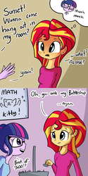 Size: 726x1452 | Tagged: safe, artist:tjpones, sci-twi, sunset shimmer, twilight sparkle, equestria girls, g4, adorkable, bait and switch, battleship, blushing, comic, cute, dork, fantasizing, imagination, implied lesbian, implied scitwishimmer, implied shipping, implied sunsetsparkle, innuendo, kissy face, poster, shipping denied, stealth pun, thought bubble