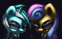 Size: 1280x800 | Tagged: safe, artist:jiamian, bon bon, lyra heartstrings, sweetie drops, earth pony, pony, unicorn, g4, background pony, clothes, crossover, duo, mares in black, men in black, signature, sunglasses