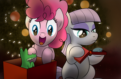 Size: 5175x3375 | Tagged: safe, artist:drawponies, boulder (g4), gummy, maud pie, pinkie pie, g4, christmas, christmas tree, duo, filly, holiday, present, tree, younger