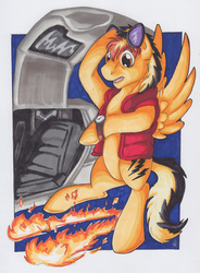 Size: 2323x3154 | Tagged: safe, artist:stormblaze-pegasus, pegasus, pony, back to the future, car, clothes, commission, crossover, delorean, fire, goggles, high res, male, open mouth, solo, vehicle, watch