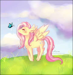 Size: 1024x1058 | Tagged: safe, artist:xasurae, fluttershy, butterfly, g4, eyes closed, female, solo, spread wings