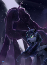 Size: 1155x1600 | Tagged: dead source, safe, artist:noctilucent-arts, princess luna, tantabus, alicorn, pony, do princesses dream of magic sheep, g4, crying, dream walker luna, female, mare, night, open mouth, rift, smiling, solo