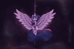 Size: 3037x2032 | Tagged: dead source, safe, artist:noctilucent-arts, twilight sparkle, alicorn, pony, g4, female, high res, looking at you, magic, mare, solo, space, spread wings, twilight sparkle (alicorn)