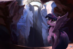 Size: 2400x1600 | Tagged: dead source, safe, artist:noctilucent-arts, twilight sparkle, alicorn, pony, g4, castle, crepuscular rays, female, mare, raised hoof, ruins, smiling, solo, spread wings, twilight sparkle (alicorn)