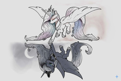Size: 2400x1600 | Tagged: dead source, safe, artist:noctilucent-arts, princess celestia, princess luna, g4, eyes closed, i can't believe it's not idw, moon, smiling, spread wings, sun