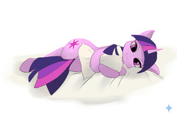Size: 1507x983 | Tagged: dead source, safe, artist:noctilucent-arts, twilight sparkle, pony, unicorn, g4, bed, bedroom eyes, cute, female, looking at you, mare, on side, pillow, smiling, solo