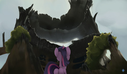 Size: 2400x1406 | Tagged: dead source, safe, artist:noctilucent-arts, twilight sparkle, alicorn, pony, g4, butt, female, golden oaks library, looking up, mare, plot, rear view, rest in peace, ruin, solo, twilight sparkle (alicorn)