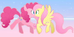 Size: 1280x640 | Tagged: dead source, safe, artist:mn27, fluttershy, pinkie pie, earth pony, pegasus, pony, g4, abstract background, accidental kiss, duo, duo female, female, kissing, lesbian, mare, ship:flutterpie, shipping, side view, surprise kiss, surprised