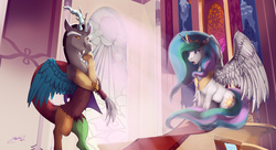 Size: 2574x1400 | Tagged: safe, artist:mechagen, discord, princess celestia, g4, crepuscular rays, open mouth, sitting, spread wings, stained glass, throne