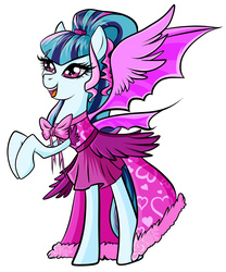 Size: 2455x2951 | Tagged: safe, artist:itsnotdaijoubu, sonata dusk, hybrid, pony, equestria girls, g4, clothes, costume, dress, equestria girls ponified, female, high res, hybrid wings, nightmare night costume, ponified, rearing, simple background, siren pony, siren wings, smiling, solo, spread wings, white background, wings