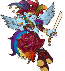 Size: 904x995 | Tagged: safe, artist:うめぐる, rainbow dash, anthro, g4, angry, belly button, boots, bracelet, clothes, female, gritted teeth, jewelry, lidded eyes, looking at you, midriff, money, pirate, skirt, solo, sword, weapon