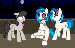 Size: 7000x4500 | Tagged: safe, artist:glacierfrostclaw, dj pon-3, octavia melody, vinyl scratch, pony, robot, g4, absurd resolution, sunglasses, trio