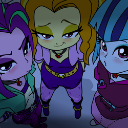 Size: 909x909 | Tagged: safe, artist:ampullaria, adagio dazzle, aria blaze, sonata dusk, equestria girls, g4, bedroom eyes, blushing, boots, clothes, cute, explicit source, female, gem, looking at you, offscreen character, pants, pov, shoes, siren gem, skirt, smug, the dazzlings, trio