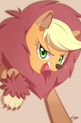 Size: 662x1000 | Tagged: safe, artist:sion, applejack, g4, scare master, applelion, clothes, costume, female, looking at you, missing freckles, open mouth, raised hoof, solo