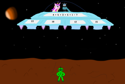 Size: 1024x691 | Tagged: safe, artist:derek the metagamer, princess cadance, oc, oc:derek the metagamer, changeling, g4, captured, digital drawing, flying saucer, math, math blaster, space, spacesuit