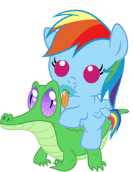 Size: 786x1017 | Tagged: safe, artist:red4567, gummy, rainbow dash, pony, g4, baby, baby dash, baby pony, cute, dashabetes, pacifier, ponies riding gators, riding, weapons-grade cute