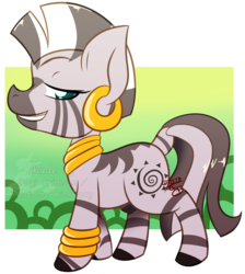 Size: 680x759 | Tagged: safe, artist:dogi-crimson, artist:thatonetrickpony, zecora, zebra, g4, bedroom eyes, bracelet, chibi, ear piercing, earring, female, jewelry, neck rings, piercing, solo