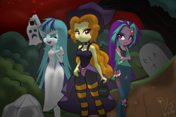 Size: 2416x1600 | Tagged: safe, artist:discorded-joker, adagio dazzle, aria blaze, sonata dusk, ghost, zombie, equestria girls, g4, alternate hairstyle, belly button, black underwear, bra, clothes, costume, cross, dress, eyes closed, female, ghost costume, halloween, halloween costume, open mouth, panties, pink underwear, see-through, sleeveless, spooky, spooky's jump scare mansion, tank top, the dazzlings, torn clothes, underwear, witch