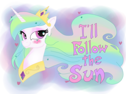 Size: 1024x768 | Tagged: safe, artist:andy price, artist:krazykari, princess celestia, g4, blushing, eyeshadow, female, i'll follow the sun, makeup, portrait, smiling, solo, song reference, the beatles