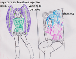 Size: 2435x1901 | Tagged: safe, artist:elgatosabio, aria blaze, sonata dusk, equestria girls, g4, caught, duo, female, spanish, traditional art, translated in the comments