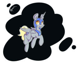 Size: 1359x1132 | Tagged: safe, artist:spaerk, derpy hooves, nightmare moon, pegasus, pony, g4, clothes, costume, fake horn, female, helmet, looking at you, nightmare derpy, open mouth, raised hoof, solo