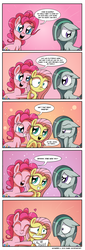 Size: 1000x2944 | Tagged: safe, artist:daniel-sg, fluttershy, marble pie, pinkie pie, earth pony, pony, g4, :t, c:, call the cops, comic, female, floppy ears, frown, grin, gritted teeth, hair over one eye, hape, heart, hug, mare, mood whiplash, nervous, scared, shy, sign, smiling, twins, unamused, wide eyes