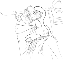 Size: 1000x1000 | Tagged: safe, artist:khorme, oc, oc only, oc:ultramare, earth pony, pony, armpits, bed, monochrome, picture frame, sketch, solo, waking up