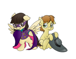 Size: 2813x2210 | Tagged: safe, artist:ethaes, mandopony, wild fire, earth pony, pegasus, pony, g4, bipedal, clothes, costume, darkwing duck, female, halloween, hat, high res, male, mare, mask, nightmare night, ponysona, ship:mandofire, shipping, sibsy, sibsy is a duck, sitting, stallion, straight
