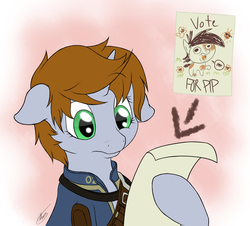 Size: 2296x2080 | Tagged: safe, artist:ethaes, pipsqueak, oc, oc only, oc:littlepip, pony, unicorn, fallout equestria, crusaders of the lost mark, g4, clothes, colt, confused, fallout, fanfic, fanfic art, female, floppy ears, high res, hooves, horn, jumpsuit, male, mare, namesake, paper, pun, solo, vault suit, vote for pip