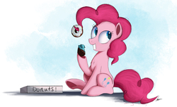 Size: 2500x1520 | Tagged: safe, artist:ncmares, pinkie pie, earth pony, pony, g4, chest fluff, cupcake, cute, donut, female, food, mare, ncmares is trying to murder us, sitting, smiling, solo