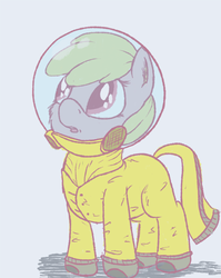 Size: 600x752 | Tagged: safe, artist:sandwichdelta, oc, oc only, oc:puppysmiles, earth pony, pony, fallout equestria, fallout equestria: pink eyes, canterlot ghoul, ear fluff, fallout, fanfic, fanfic art, female, filly, fluffy, foal, hazmat suit, hooves, radiation suit, simple background, solo