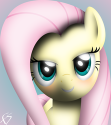 Size: 3500x3950 | Tagged: safe, artist:facelesssoles, fluttershy, g4, bedroom eyes, blushing, bust, female, high res, looking at you, portrait, signature, simple background, smiling, solo