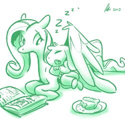 Size: 500x500 | Tagged: safe, artist:rwl, fluttershy, pegasus, pony, g4, asriel dreemurr, book, crossover, cute, pie, sleeping, spoilers for another series, undertale, z, zzz