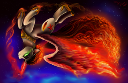 Size: 2600x1700 | Tagged: safe, artist:das_leben, oc, oc only, fire, glowing eyes, glowing horn, horn, solo