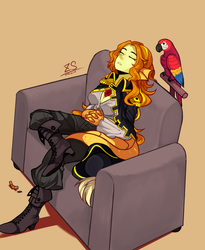 Size: 800x976 | Tagged: dead source, safe, artist:hisshi shoujo, adagio dazzle, macaw, parrot, scarlet macaw, siren, equestria girls, g4, boots, cigar, cleavage, couch, ear fins, female, high heel boots, pirate, shoes, simple background, siren ears, sleeping, solo, yellow background