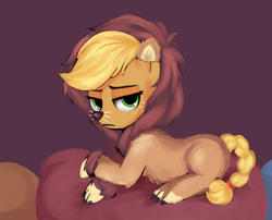 Size: 1228x992 | Tagged: safe, artist:heavenlysasha, applejack, earth pony, pony, g4, scare master, applelion, clothes, costume, crossed hooves, female, fluffy, freckles, frown, looking at you, looking back, nightmare night, nightmare night costume, prone, solo, unamused