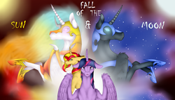Size: 968x558 | Tagged: safe, artist:twilightmeep, nightmare moon, nightmare star, sunset shimmer, twilight sparkle, alicorn, pony, unicorn, fanfic:fall of the sun and moon, g4, ethereal mane, fanfic art, female, mane of fire, mare, starry mane, twilight sparkle (alicorn)