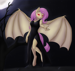 Size: 2560x2420 | Tagged: safe, artist:daf, fluttershy, bat pony, anthro, g4, clothes, dress, fangs, female, flutterbat, high res, looking at you, red eyes, solo